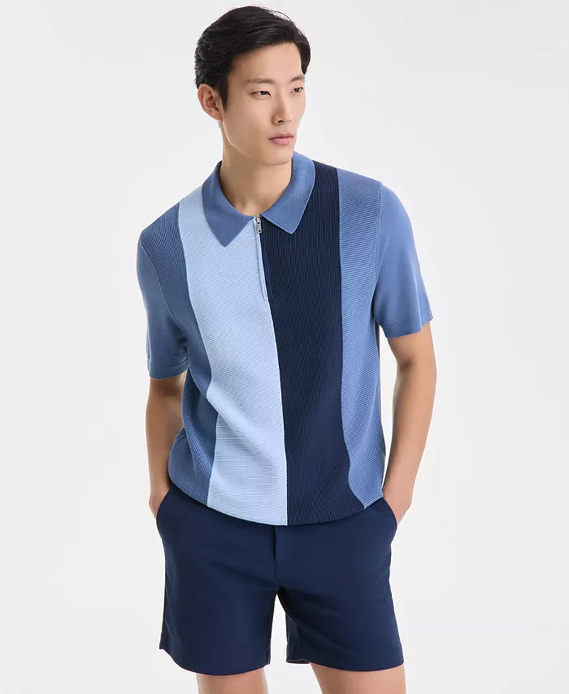 Men'S Short Sleeve Quarter-Zip Colorblocked Textured Polo Sweater, Exclusively at Macy'S