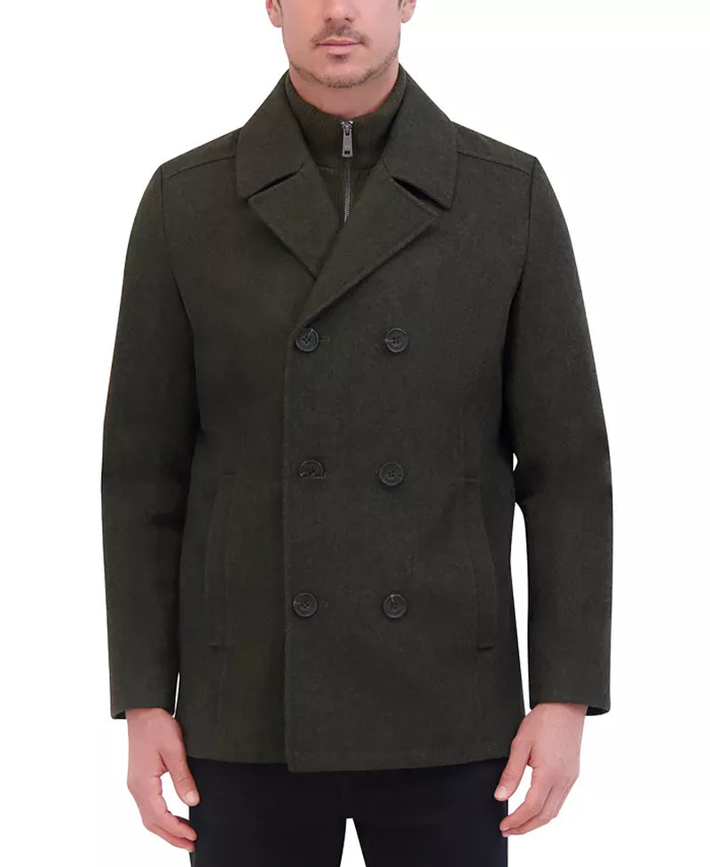 Men'S Double Breasted Wool Blend Peacoat with Bib