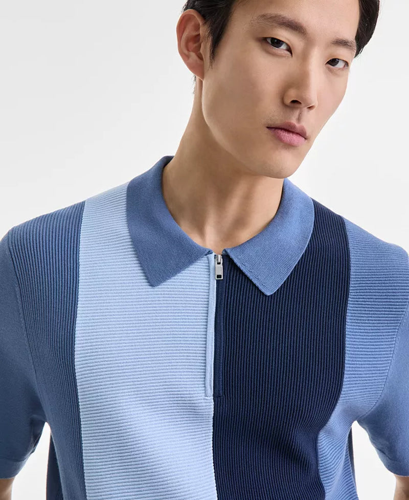 Men'S Short Sleeve Quarter-Zip Colorblocked Textured Polo Sweater, Exclusively at Macy'S